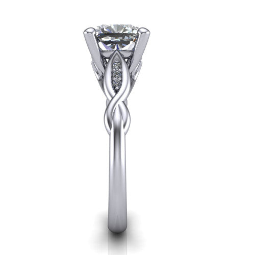 Lennon cushion solitaire engagement ring in 18K White Gold, side profile showing the twisted infinity band with accent diamonds