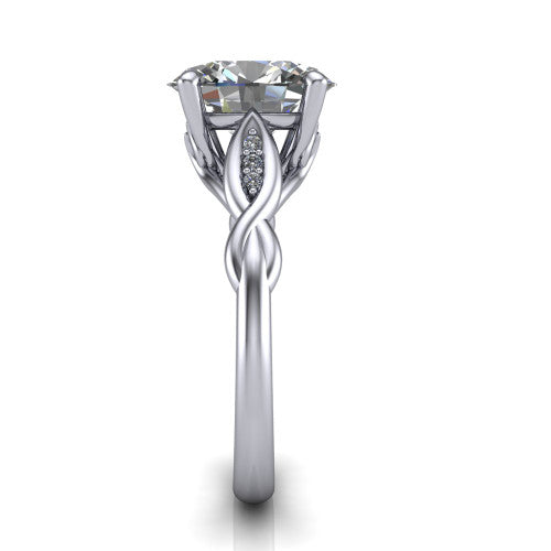 Lennon oval solitaire engagement ring in 18K White Gold, side profile showing the twisted infinity band with accent diamonds