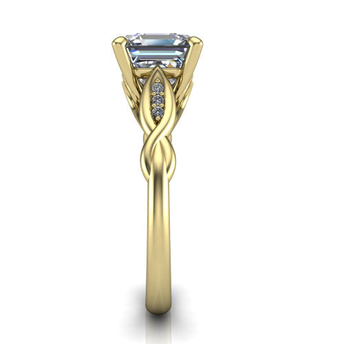 Lennon square emerald solitaire engagement ring in 14K Yellow Gold, side profile showing the twisted infinity band with accent diamonds