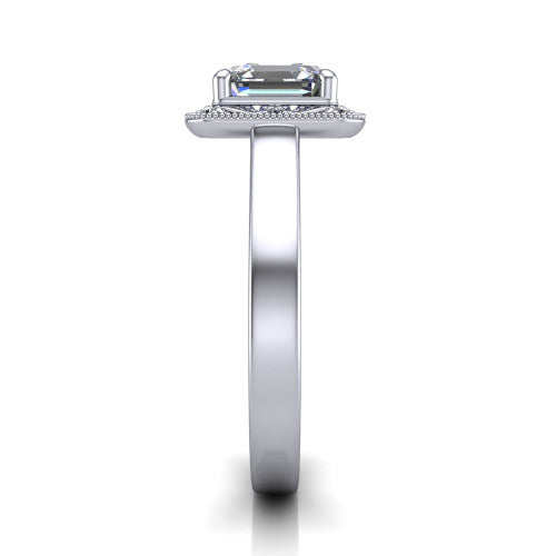 Elara square emerald-cut vintage engagement ring in Platinum, side profile showing the engraved scrollwork band and halo