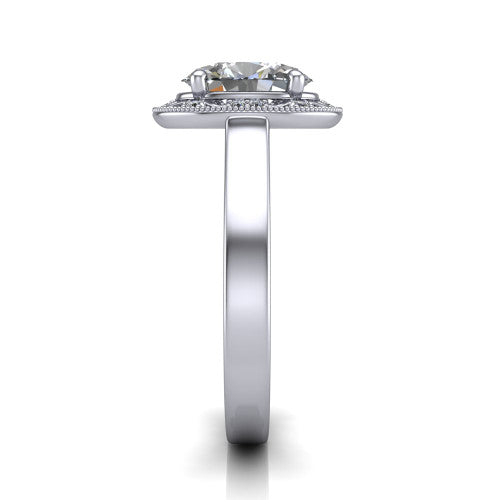Elara oval vintage engagement ring in 14K White Gold, side profile showing the engraved scrollwork band and halo