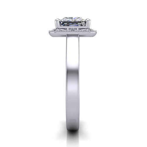 Elara princess-cut vintage engagement ring in 14K White Gold, side profile showing the engraved scrollwork band and halo