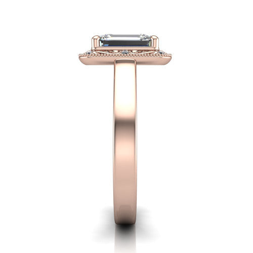 Elara emerald-cut vintage engagement ring in 18K Rose Gold, side profile showing the engraved scrollwork band and halo