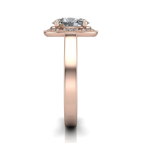 Elara oval vintage engagement ring in 18K Rose Gold, side profile showing the engraved scrollwork band and halo