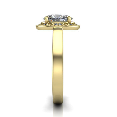 Elara oval vintage engagement ring in 14K Yellow Gold, side profile showing the engraved scrollwork band and halo