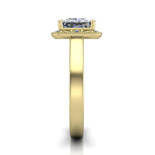 Elara princess-cut vintage engagement ring in 14K Yellow Gold, side profile showing the engraved scrollwork band and halo