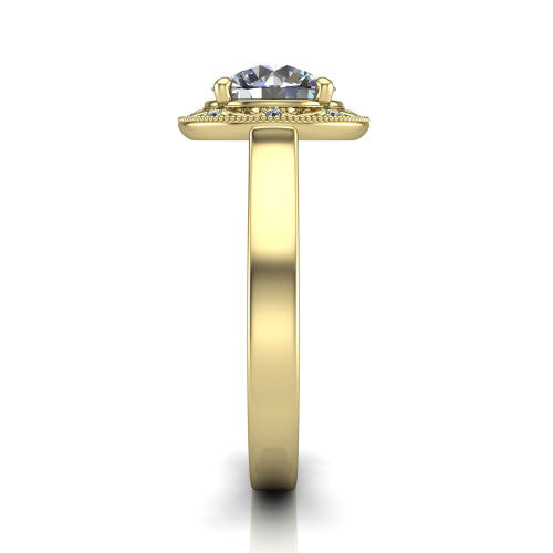 Elara round vintage engagement ring in 18K Yellow Gold, side profile showing the engraved scrollwork band and halo