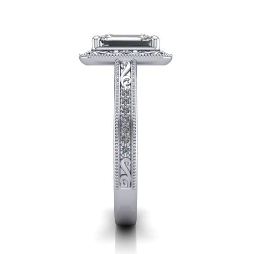 Juliana emerald-cut vintage halo engagement ring in 18K White Gold, side profile showing the engraved scrollwork band and halo
