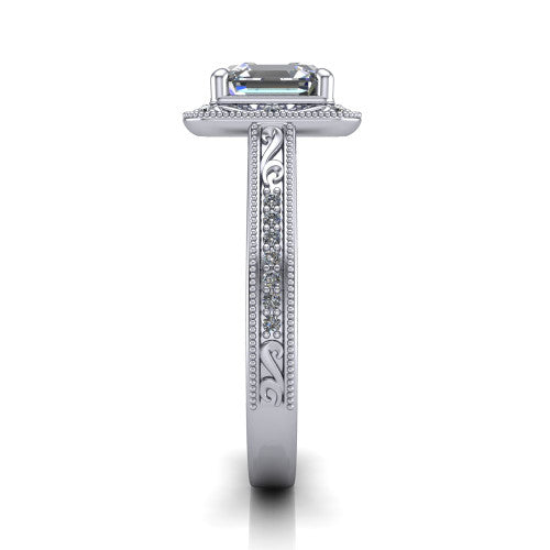 Juliana square emerald-cut vintage halo engagement ring in 18K White Gold, side profile showing the engraved scrollwork band and halo