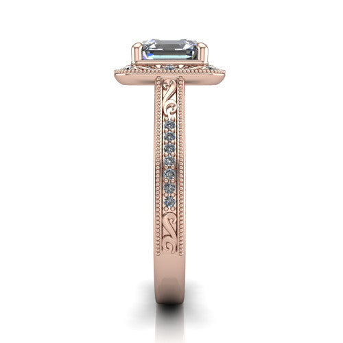Juliana square emerald-cut vintage halo engagement ring in 18K Rose Gold, side profile showing the engraved scrollwork band and halo