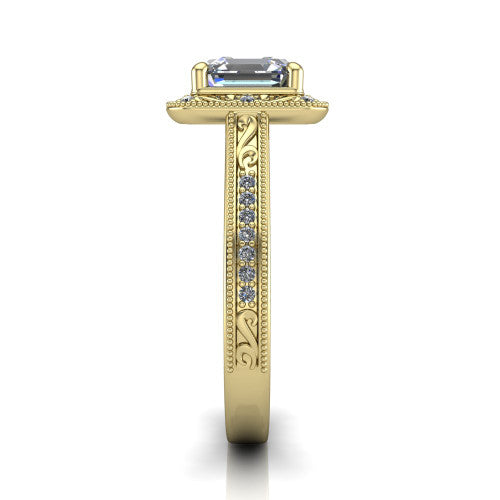 Juliana square emerald-cut vintage halo engagement ring in 14K Yellow Gold, side profile showing the engraved scrollwork band and halo