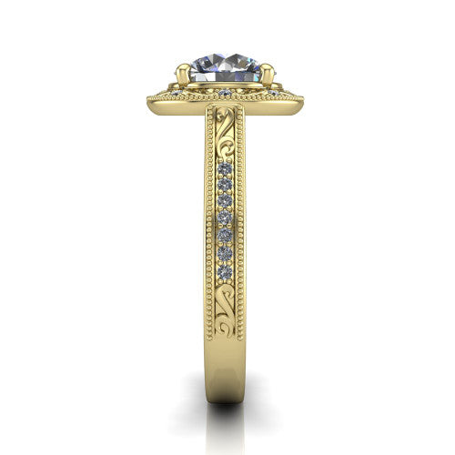 Juliana round vintage halo engagement ring in 14K Yellow Gold, side profile showing the engraved scrollwork band and halo