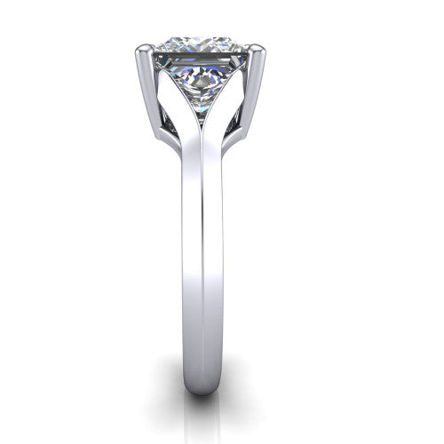 Joanna princess solitaire engagement ring in 18K White Gold, side profile showing the cathedral shank and polished band