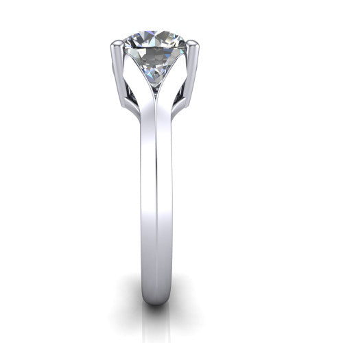 Joanna round solitaire engagement ring in Platinum, side profile showing the cathedral shank and polished band