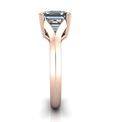 Joanna square emerald solitaire engagement ring in 14K Rose Gold, side profile showing the cathedral shank and polished band