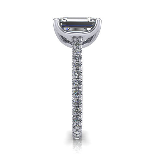 Honora emerald-cut solitaire engagement ring in 14K White Gold, side profile showing the hidden halo and pavé-set band