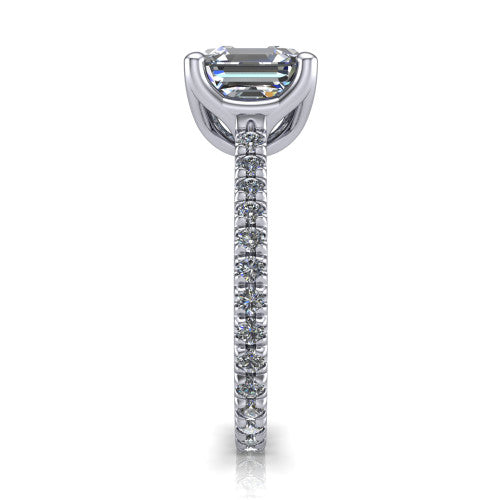 Honora square emerald-cut solitaire engagement ring in 14K White Gold, side profile showing the hidden halo and pavé-set band