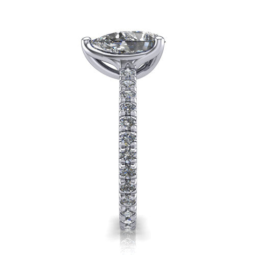 Honora pear-shaped solitaire engagement ring in Platinum, side profile showing the hidden halo and pavé-set band
