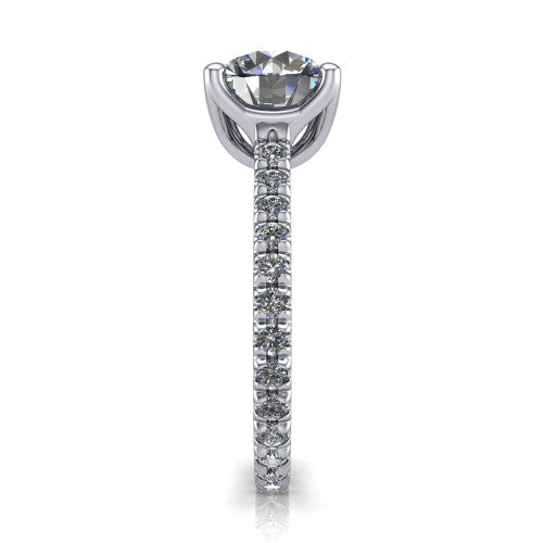 Honora round solitaire engagement ring in Platinum, side profile showing the hidden halo and pavé-set band