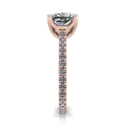 Honora cushion-cut solitaire engagement ring in 18K Rose Gold, side profile showing the hidden halo and pavé-set band