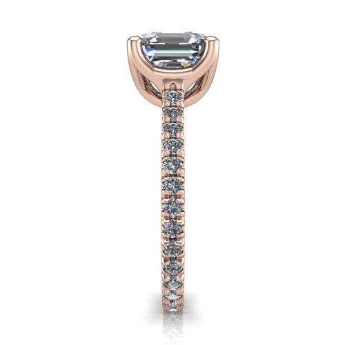 Honora square emerald-cut solitaire engagement ring in 18K Rose Gold, side profile showing the hidden halo and pavé-set band