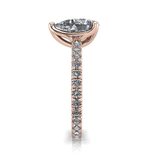 Honora pear-shaped solitaire engagement ring in 14K Rose Gold, side profile showing the hidden halo and pavé-set band
