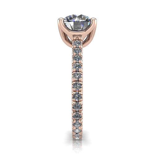 Honora round solitaire engagement ring in 14K Rose Gold, side profile showing the hidden halo and pavé-set band
