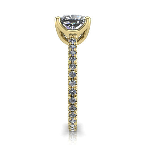 Honora cushion-cut solitaire engagement ring in 18K Yellow Gold, side profile showing the hidden halo and pavé-set band