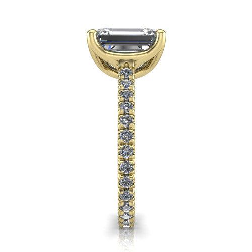 Honora emerald-cut solitaire engagement ring in 18K Yellow Gold, side profile showing the hidden halo and pavé-set band