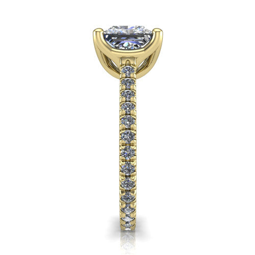 Honora princess-cut solitaire engagement ring in 18K Yellow Gold, side profile showing the hidden halo and pavé-set band