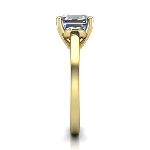 Itzel square emerald-cut classic engagement ring in 14K Yellow Gold, side profile showing the hidden halo and polished band