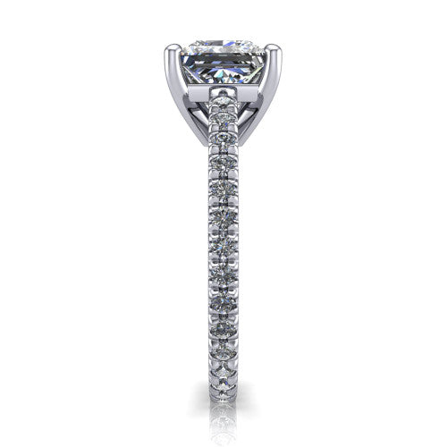 Jacqueline princess-cut classic engagement ring in Platinum, side profile showing the hidden halo and French pavé band
