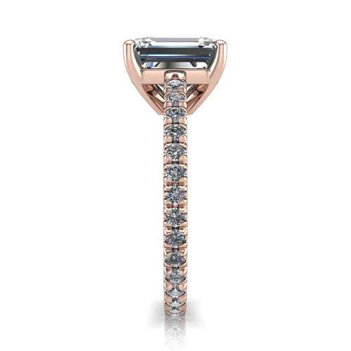 Jacqueline emerald-cut classic engagement ring in 18K Rose Gold, side profile showing the hidden halo and French pavé band