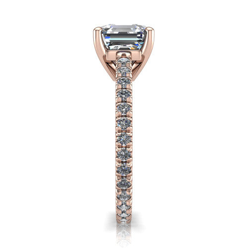 Jacqueline square emerald-cut classic engagement ring in 14K Rose Gold, side profile showing the hidden halo and French pavé band