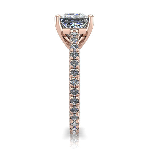 Jacqueline princess-cut classic engagement ring in 14K Rose Gold, side profile showing the hidden halo and French pavé band