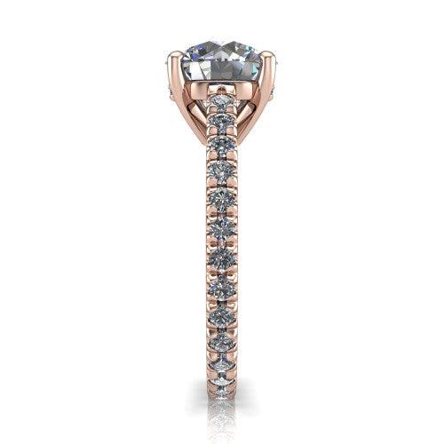 Jacqueline round classic engagement ring in 14K Rose Gold, side profile showing the hidden halo and French pavé band