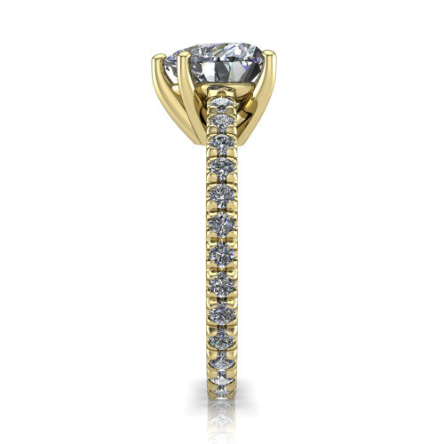 Jacqueline heart-shaped classic engagement ring in 18K Yellow Gold, side profile showing the hidden halo and French pavé band