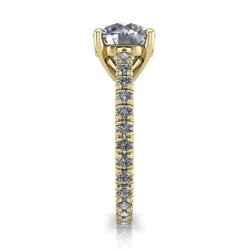 Jacqueline round classic engagement ring in 14K Yellow Gold, side profile showing the hidden halo and French pavé band