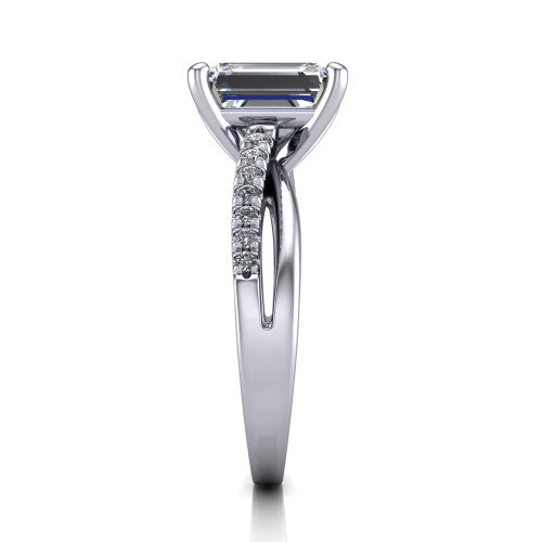 Marley emerald solitaire engagement ring in Platinum, side profile showing the split two-line pave shank