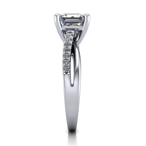 Marley square emerald solitaire engagement ring in 14K White Gold, side profile showing the split two-line pave shank