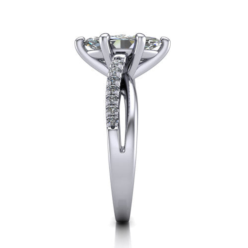 Marley marquise solitaire engagement ring in Platinum, side profile showing the split two-line pave shank