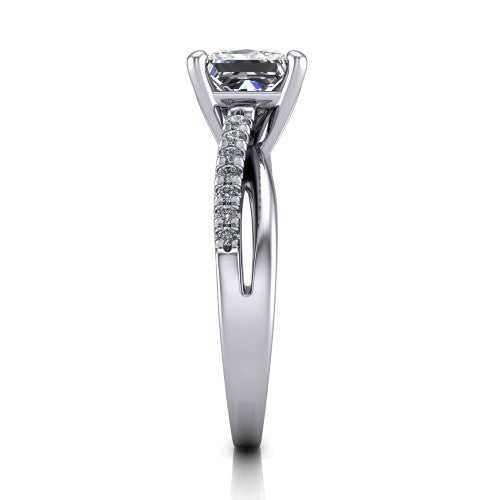 Marley princess solitaire engagement ring in Platinum, side profile showing the split two-line pave shank
