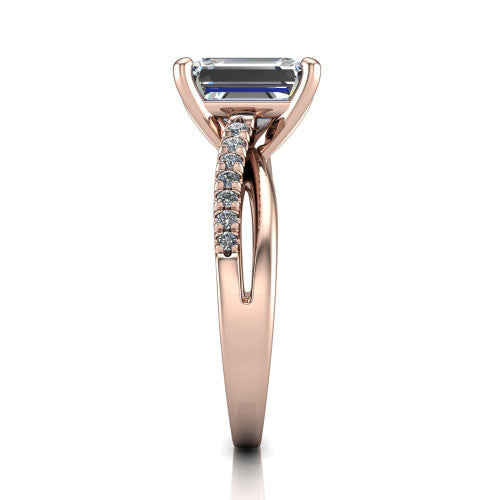 Marley emerald solitaire engagement ring in 14K Rose Gold, side profile showing the split two-line pave shank