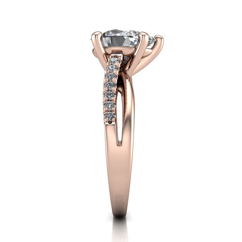 Marley pear solitaire engagement ring in 14K Rose Gold, side profile showing the split two-line pave shank