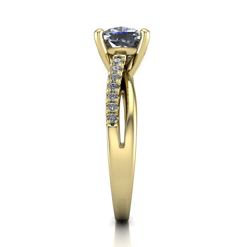 Marley cushion solitaire engagement ring in 18K Yellow Gold, side profile showing the split two-line pave shank