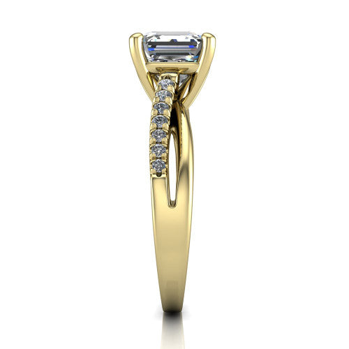 Marley square emerald solitaire engagement ring in 14K Yellow Gold, side profile showing the split two-line pave shank