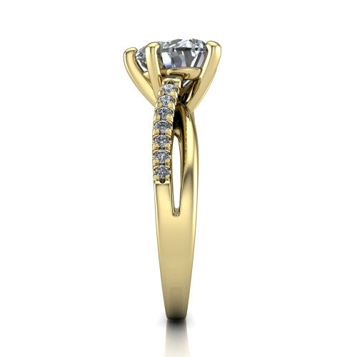 Marley heart solitaire engagement ring in 18K Yellow Gold, side profile showing the split two-line pave shank