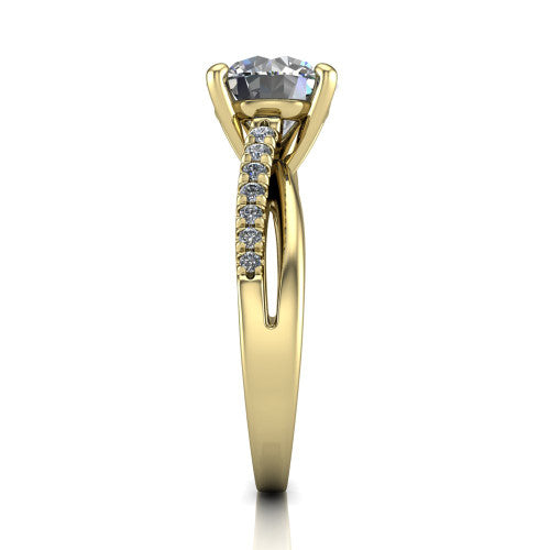 Marley round solitaire engagement ring in 18K Yellow Gold, side profile showing the split two-line pave shank