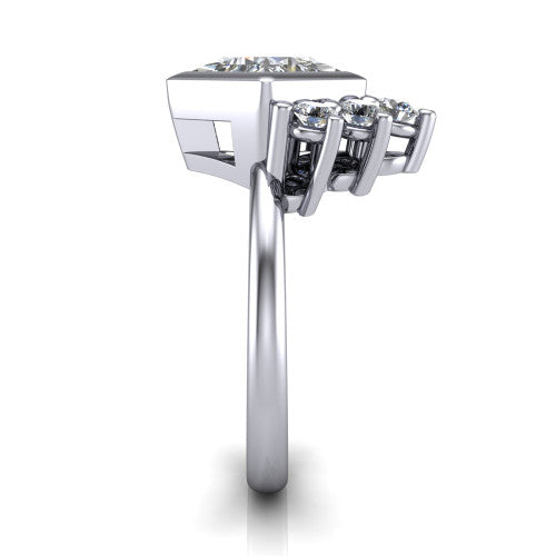 Kiara princess-cut crown halo engagement ring in 18K White Gold, side profile showing the diamond crown and polished band