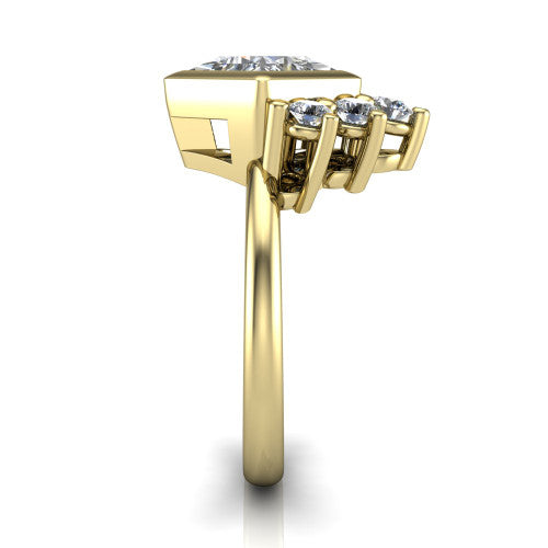 Kiara princess-cut crown halo engagement ring in 14K Yellow Gold, side profile showing the diamond crown and polished band
